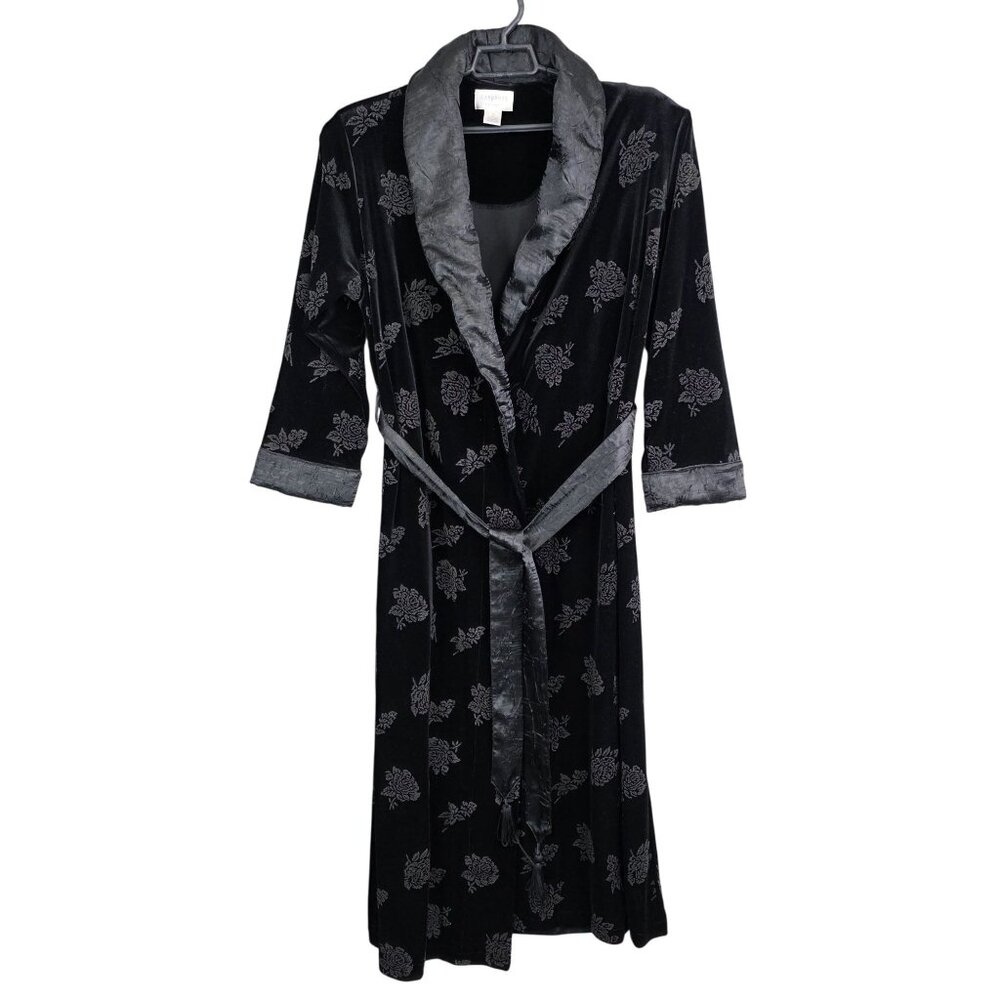 Womens Cabernet Sleepwear Black Floral Velvet Robe Satin Collar & Belted Size M